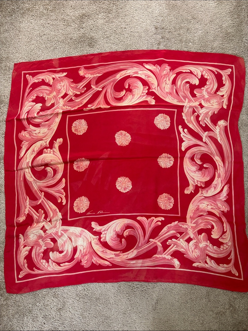 Anne Klein Red Scarf with Cream Scrollwork